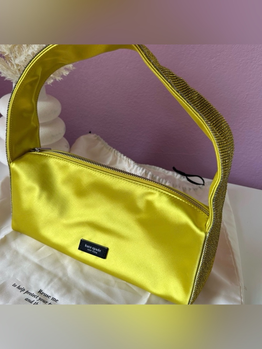 kate spade Yellow Satin Shoulder Bag with Crystal-Trim Strap - Y2K baby! NWOT